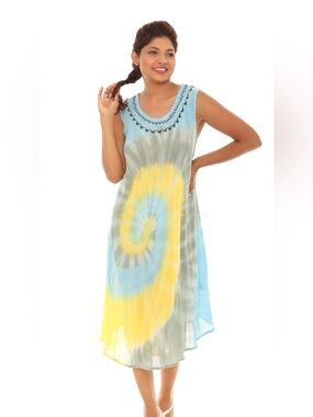 Original USA Blue & Yellow Tie-Dye Tank Sundress w/embroidery,Size:OS(XL-2X)NWOT